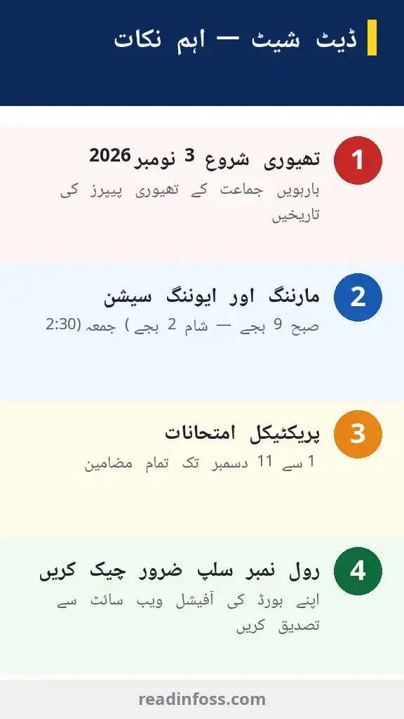 Urdu infographic: date sheet key points — theory starts 3 November 2026, morning 9 AM / evening 2 PM, practicals 1-11 December, check roll number slip