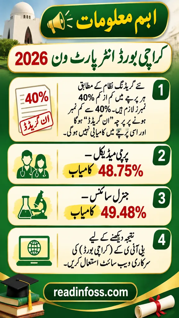 Urdu infographic: Karachi Board Inter Part-I Result 2026 key points