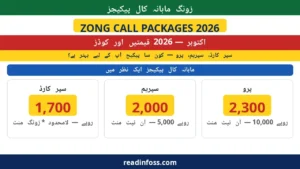 Urdu poster: Zong monthly call packages October 2026 — Super Card Rs1,700, Supreme Rs2,000, Pro Rs2,300, prices and dial codes